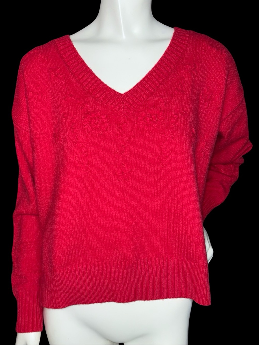 Pinch Women's Bright Red V-Neck Sweater with Floral Knit Detail